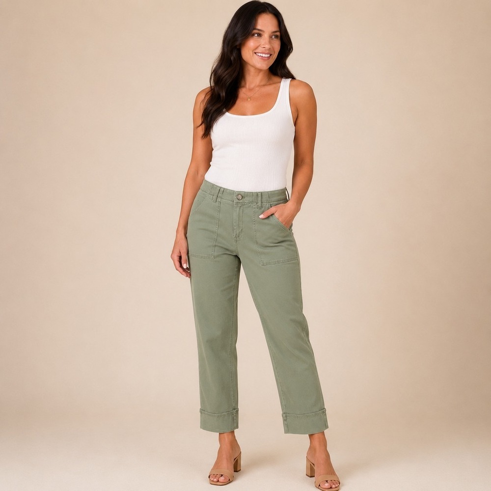 Tommy Bahama Womens 2 Sage Green Tencel Utility Pants Straight Leg Cotton Stretc